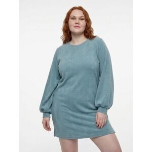 Hello Molly Womens Long Sleeve Balloon Sleeve Mini Dress Blue Crew Neck Size L